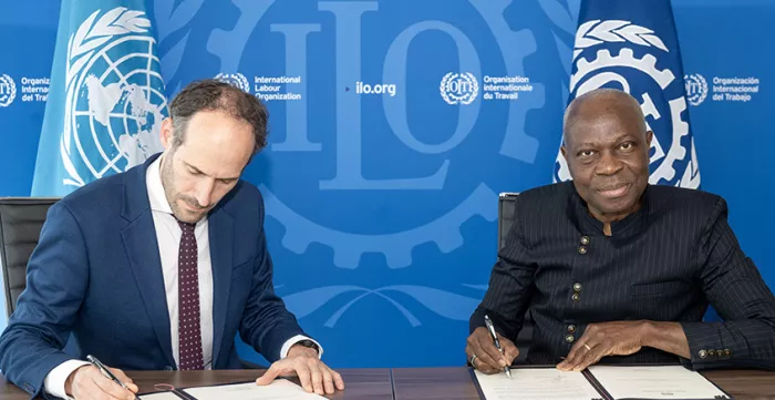 Ratification ceremony of Convention No. 187 on 4 October 2024: Mr Wilm Geurts, Director of International Affairs of the Ministry of Social Affairs and Employment of the Netherlands, and Gilbert F. Houngbo, Director-General of the ILO.