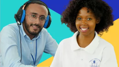 man with headphones and woman smiling