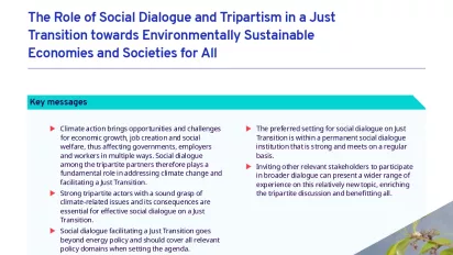 Cover page of the ILO Brief on the role of social dialogue and tripartism in a just transition