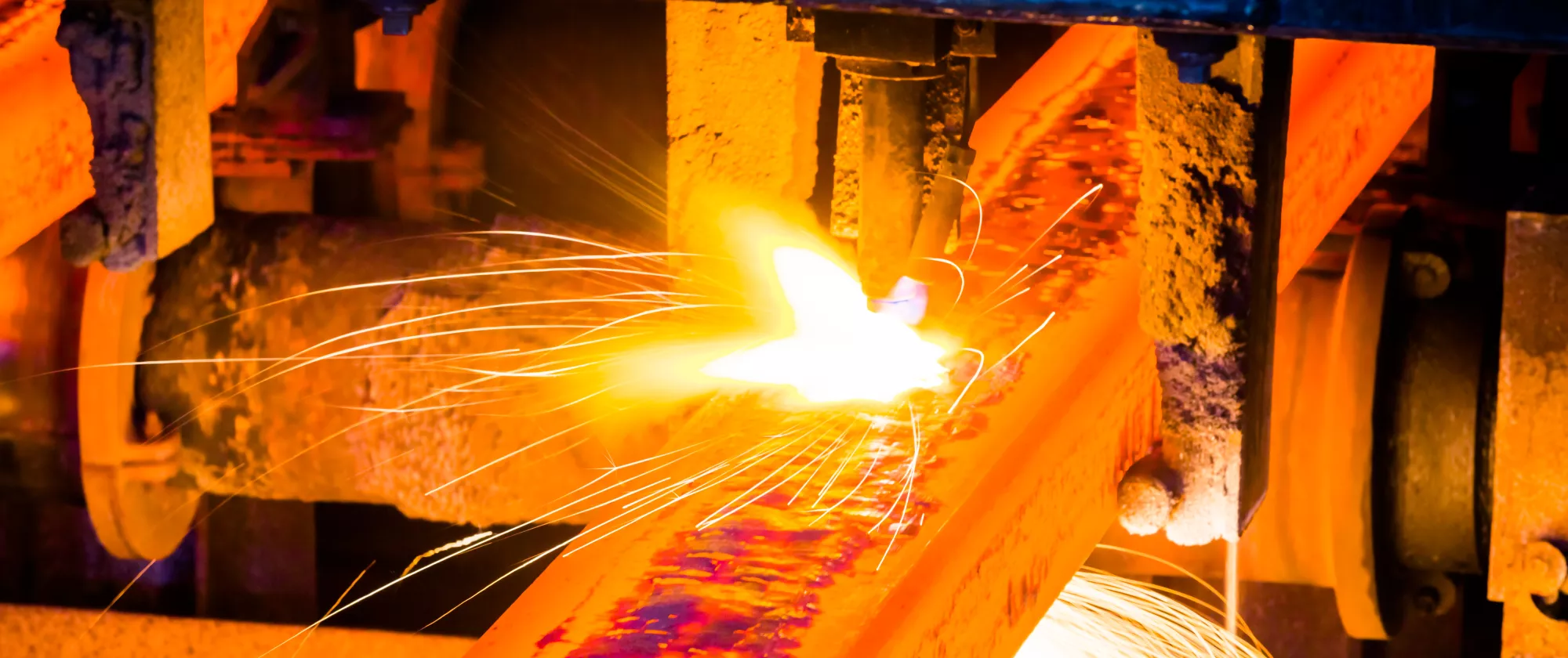 Interior view of a steel factory, molten metal