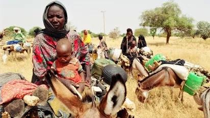 Women and children transporting personal belongings on donkeys